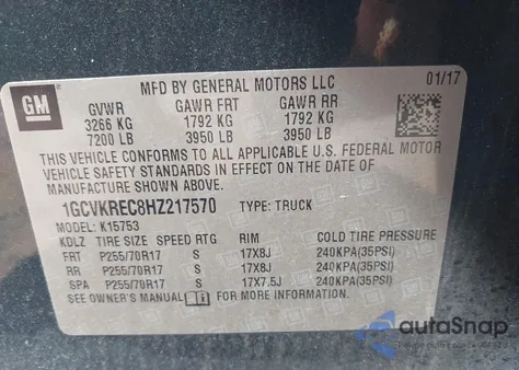 2017 Chevrolet Silverado 1500 1Lt from USA, damaged, VIN 1GCVKREC8HZ217570